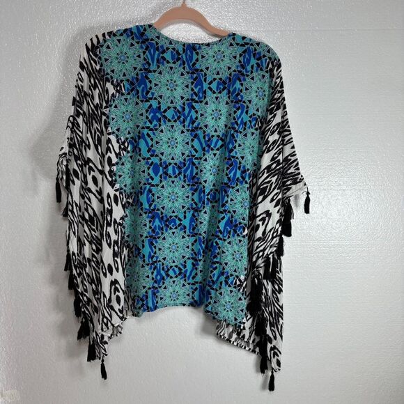 Ruby Rd Womens Size XL Aqua Black White Abstract Shawl Swimsuit Coverup Tassels - Picture 2 of 8